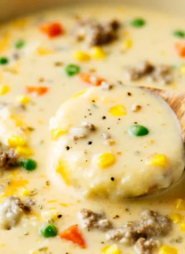 Bowl of cozy Shepherd's Pie Soup topped with herbs and served with crusty bread