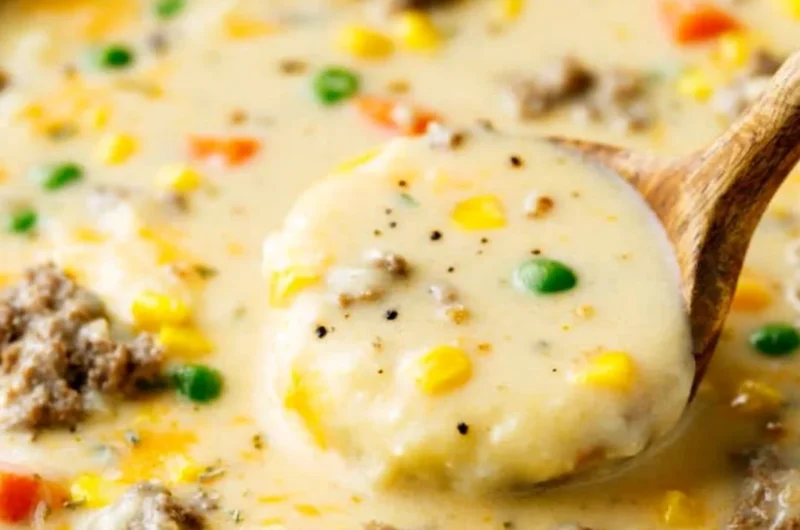 Bowl of cozy Shepherd's Pie Soup topped with herbs and served with crusty bread