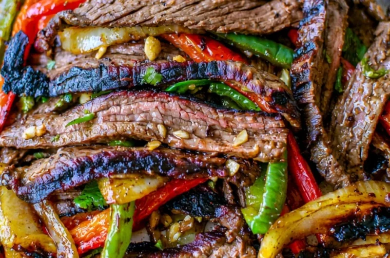 Delicious cozy steak fajitas served with peppers and onions
