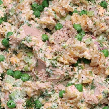 Cozy Tuna Pasta Salad with fresh vegetables and pasta in a bowl.