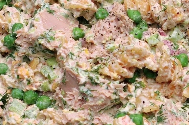 Cozy Tuna Pasta Salad with fresh vegetables and pasta in a bowl.