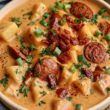 Bowl of creamy Cajun potato soup garnished with green onions and spices