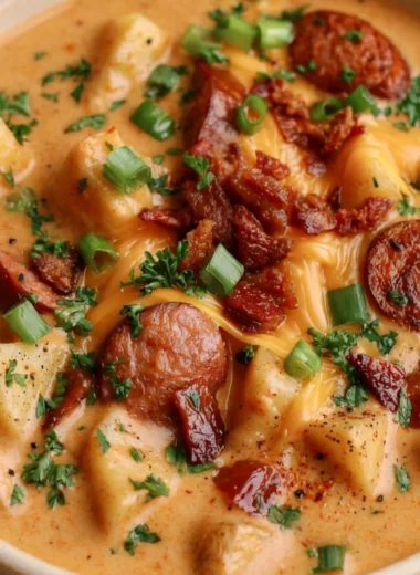 Bowl of creamy Cajun potato soup garnished with green onions and spices
