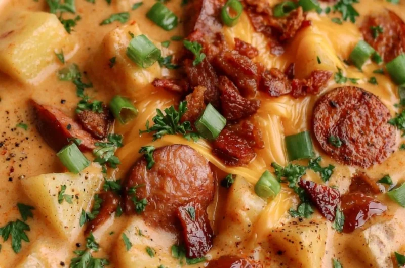 Bowl of creamy Cajun potato soup garnished with green onions and spices