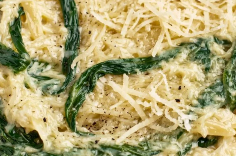 Creamy garlic spinach orzo dish served in a bowl, garnished with parsley.