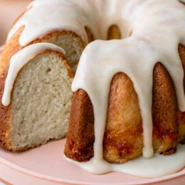 Moist and easy vanilla bundt cake on a decorative cake stand