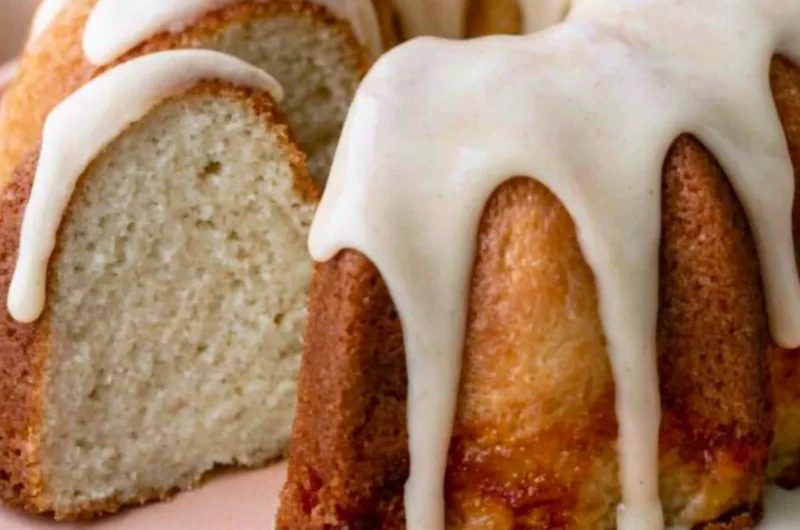 Moist and easy vanilla bundt cake on a decorative cake stand