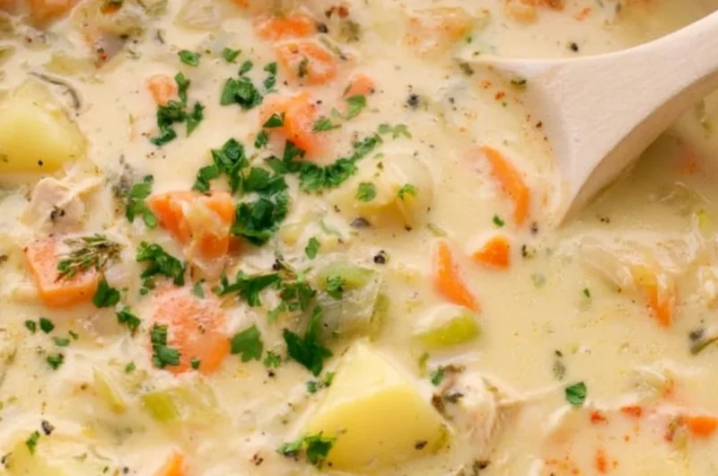 Bowl of easy leftover turkey soup with vegetables and herbs