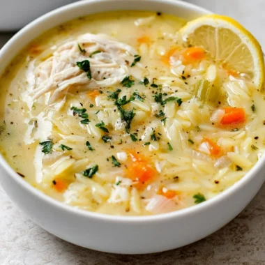 Delicious easy lemon chicken orzo soup in a bowl garnished with herbs