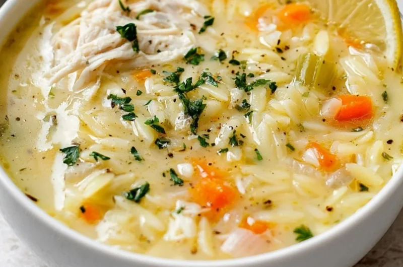 Delicious easy lemon chicken orzo soup in a bowl garnished with herbs