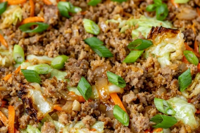 Bowl filled with egg roll ingredients, featuring cabbage, carrots, and protein.