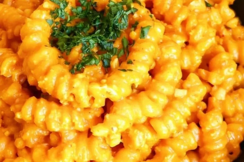 Bowl of Gochujang Pasta garnished with vegetables and herbs