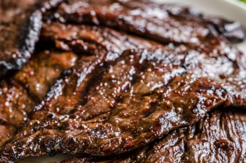 Grilled flank steak with citrus marinade on a barbecue grill