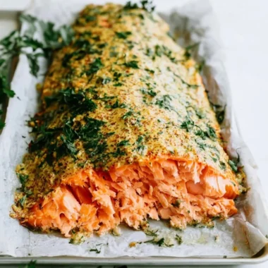Deliciously Herbed Dijon Baked Salmon served with a lemon slice.