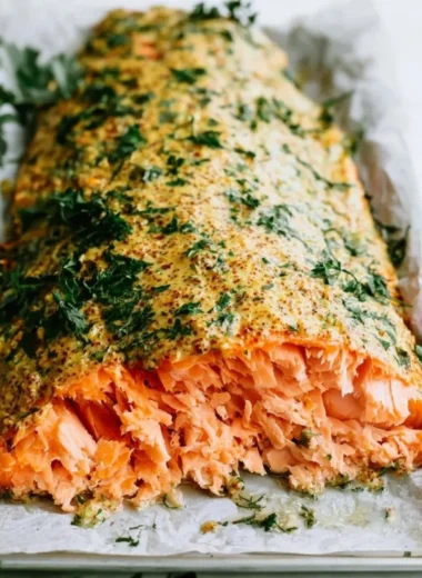 Deliciously Herbed Dijon Baked Salmon served with a lemon slice.
