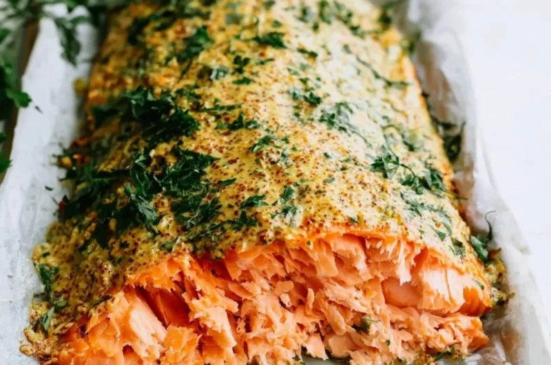 Deliciously Herbed Dijon Baked Salmon served with a lemon slice.