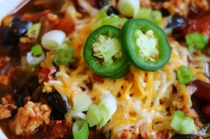 Bowl of high protein chili with beans and vegetables