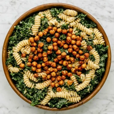 Kale Caesar Pasta Salad with creamy dressing and croutons