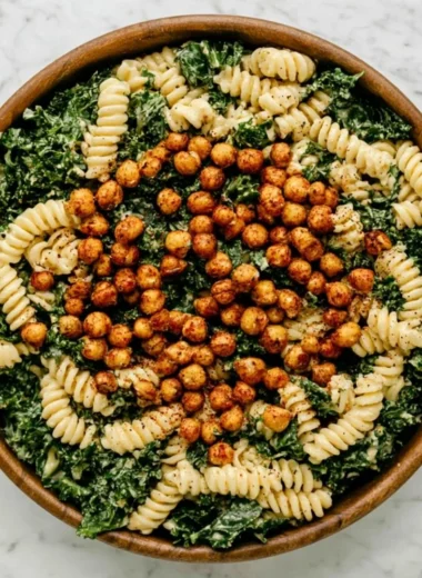 Kale Caesar Pasta Salad with creamy dressing and croutons