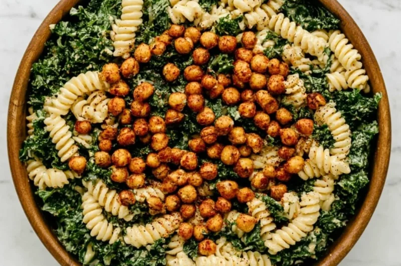 Kale Caesar Pasta Salad with creamy dressing and croutons