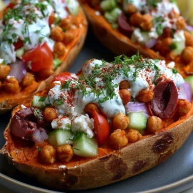 Mediterranean stuffed sweet potato boats with colorful filling and toppings