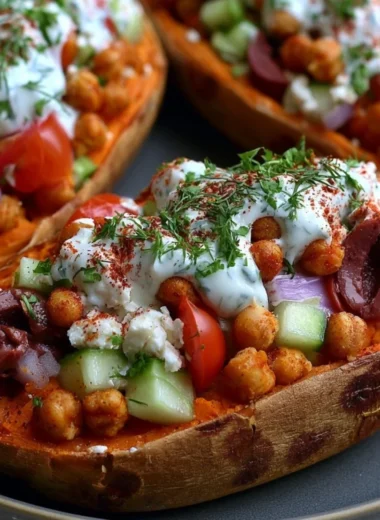 Mediterranean stuffed sweet potato boats with colorful filling and toppings