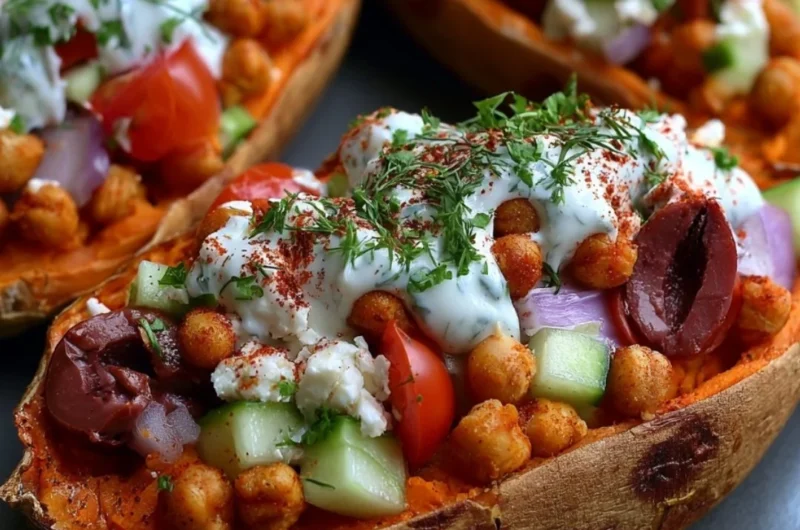 Mediterranean stuffed sweet potato boats with colorful filling and toppings
