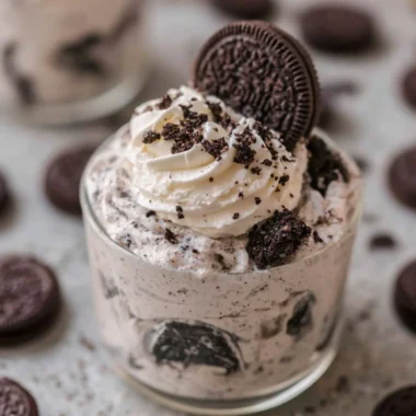 No bake Oreo cheesecake cups topped with crushed Oreos and whipped cream.