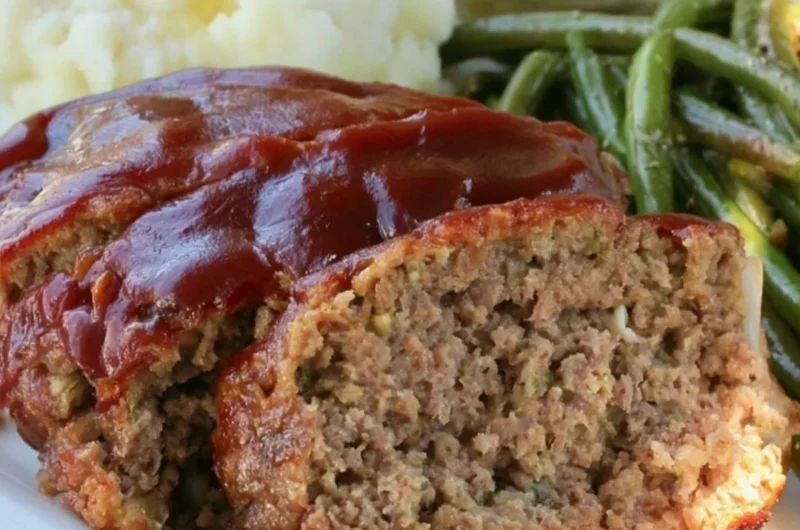 Old fashioned meatloaf baked in a loaf pan, served with mashed potatoes and green beans.
