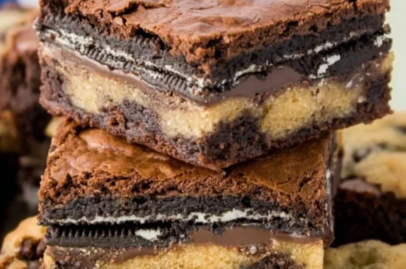 Decadent Oreo cookie dough brownies with chocolate and cream filling