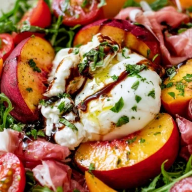 Peach Burrata Salad with fresh peaches, creamy burrata cheese, and greens