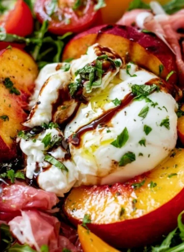 Peach Burrata Salad with fresh peaches, creamy burrata cheese, and greens