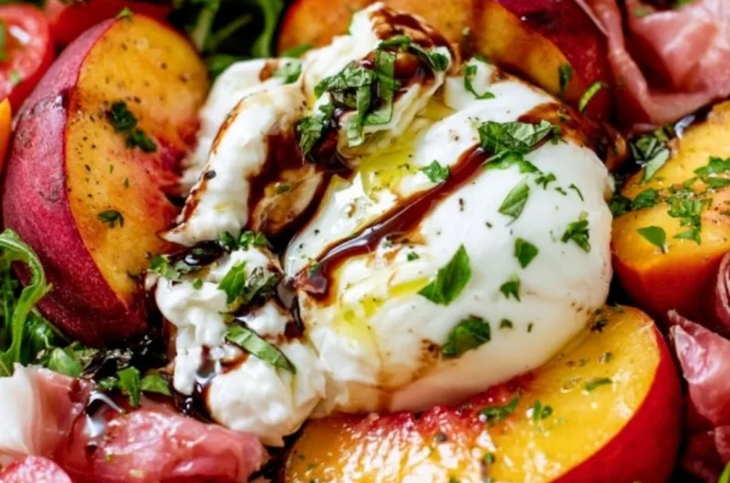 Delicious Peach Burrata Summer Salad with fresh ingredients