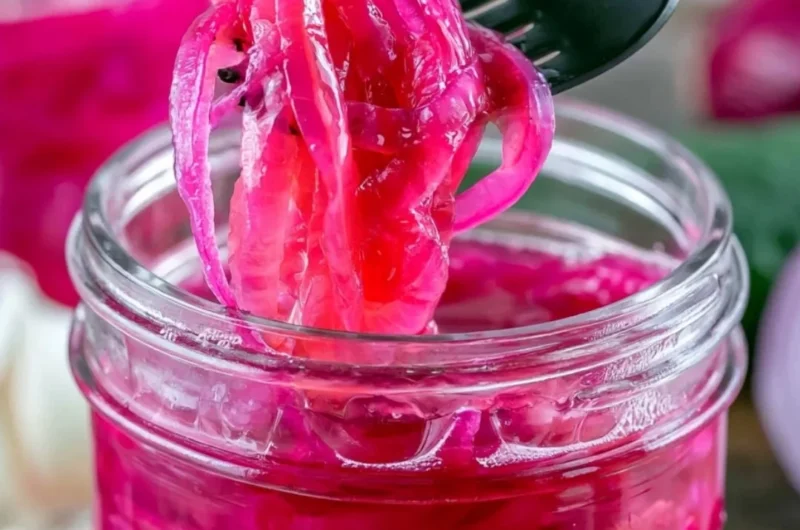 Jar of quick pickled red onions for delicious toppings and recipes
