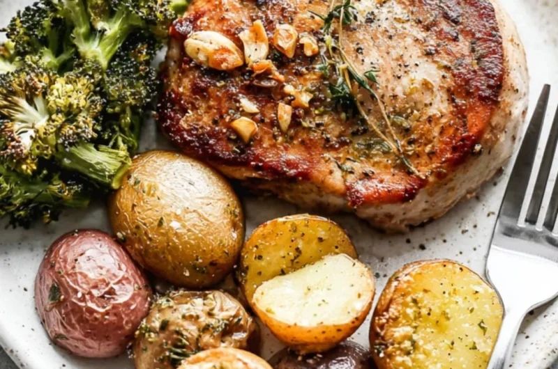Sheet Pan Pork Chops with potatoes and broccoli ready to serve