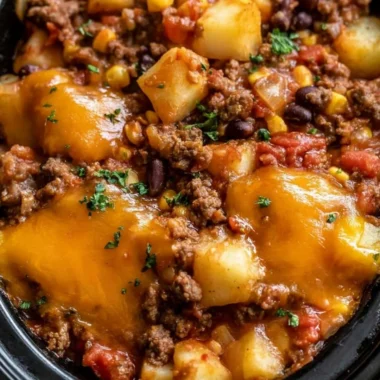 Delicious slow cooker cowboy casserole with ingredients beautifully arranged.