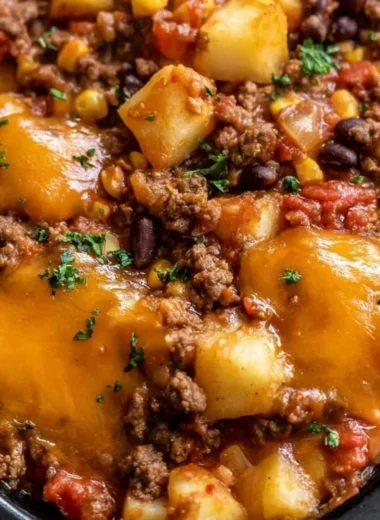 Delicious slow cooker cowboy casserole with ingredients beautifully arranged.