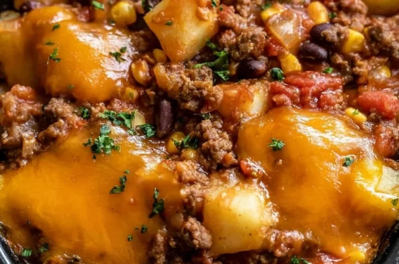 Delicious slow cooker cowboy casserole with ingredients beautifully arranged.