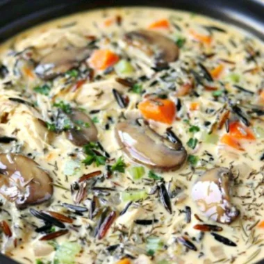 Bowl of slow cooker creamy chicken wild rice soup garnished with herbs