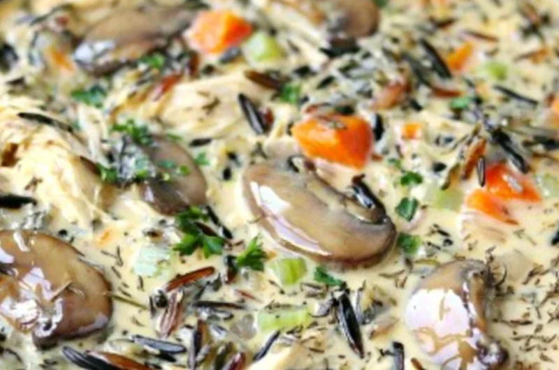 Bowl of slow cooker creamy chicken wild rice soup garnished with herbs