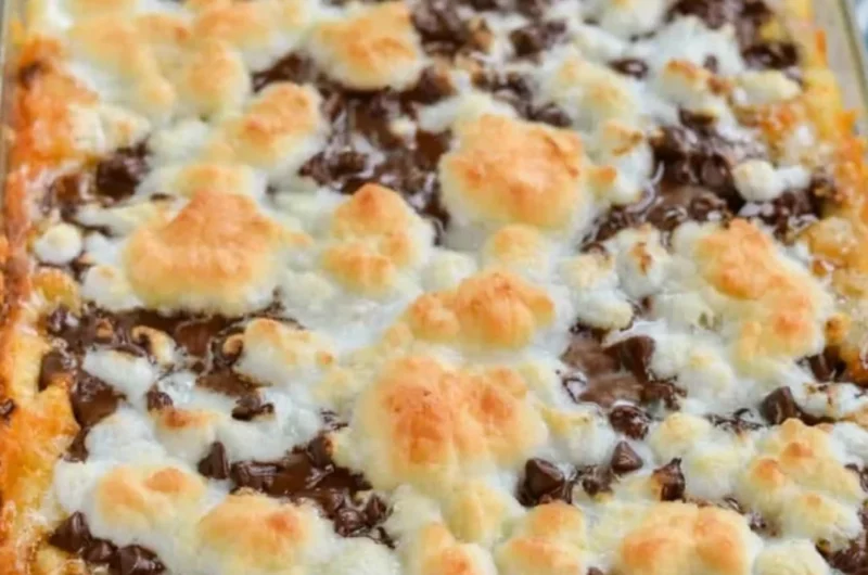 Delicious s'mores magic bars loaded with chocolate, marshmallows, and graham crackers.
