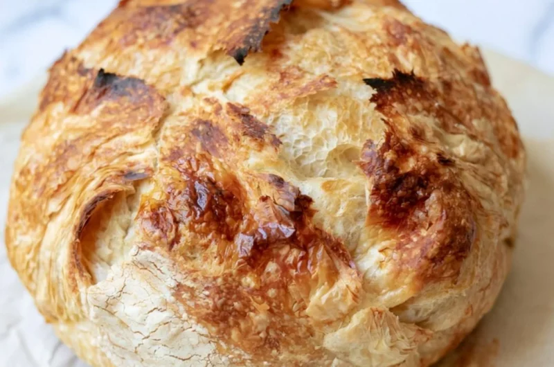 Freshly baked warm sourdough croissant displaying golden flaky layers