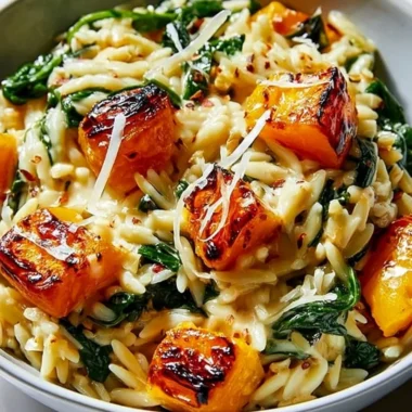 Delicious bowl of butternut squash orzo with herbs and cheese