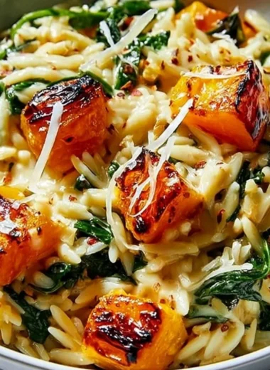 Delicious bowl of butternut squash orzo with herbs and cheese