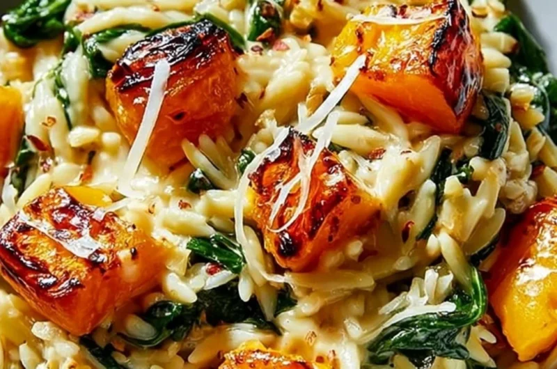 Delicious bowl of butternut squash orzo with herbs and cheese