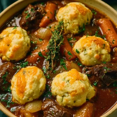 Cozy beef stew served with cheddar herb dumplings in a bowl