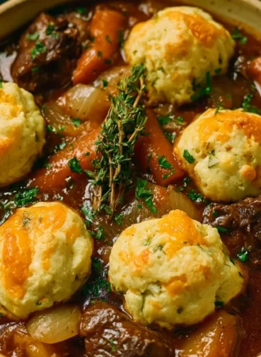 Cozy beef stew served with cheddar herb dumplings in a bowl