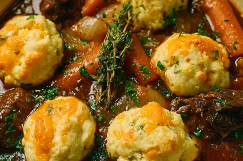 Cozy beef stew served with cheddar herb dumplings in a bowl