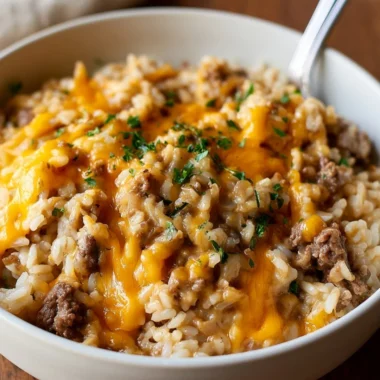 Cozy cheesy ground beef and rice casserole in a baking dish