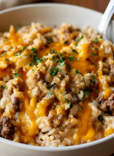 Cozy cheesy ground beef and rice casserole in a baking dish